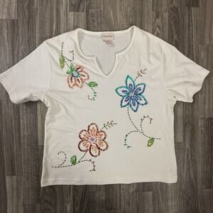 Crystal-Kobe XL White Beaded Sequin Floral Tee Shirt Made in Mexico V Neck